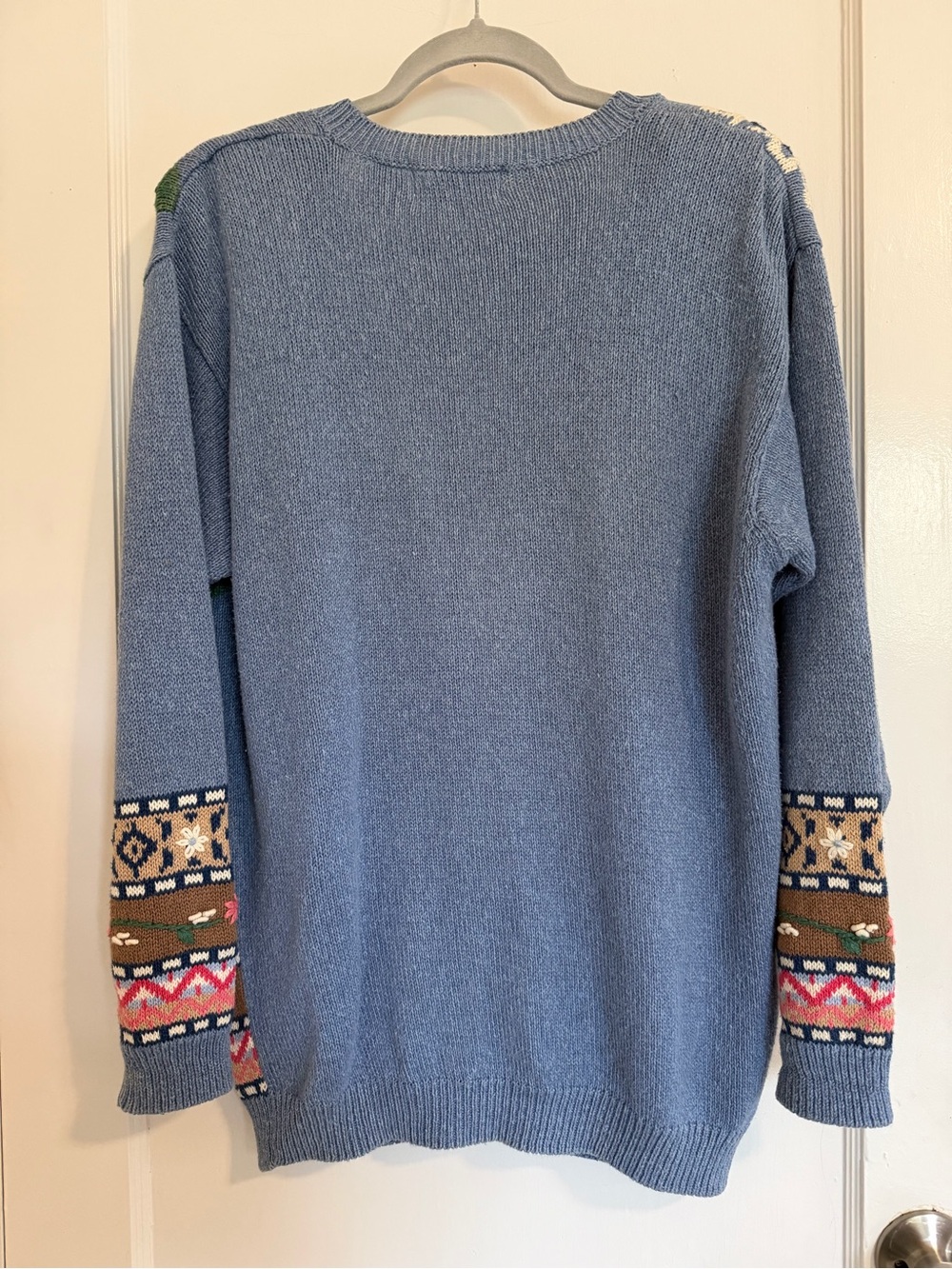 Vintage JANTZEN CLASSICS, RAMIE COTTON KNIT BLUE CARDIGAN HAND STITCHED FLOWERS - Picture 8 of 8